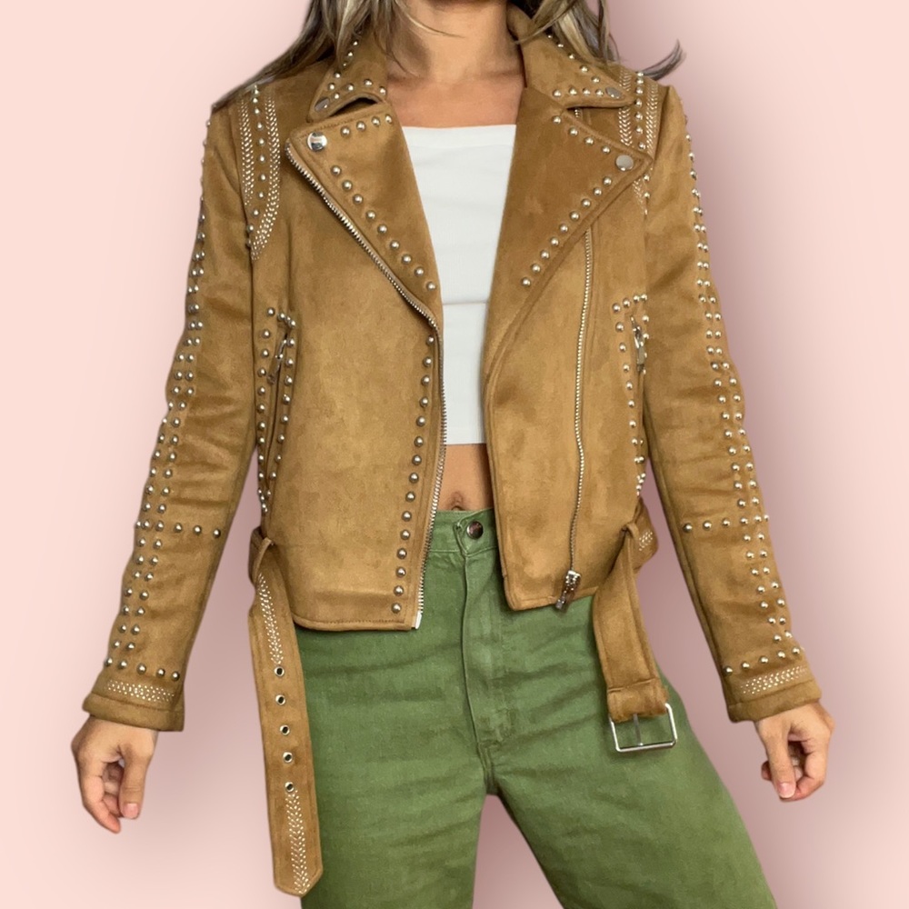 Zara Camel Studded Western Suede Moto Biker Jacket, Small